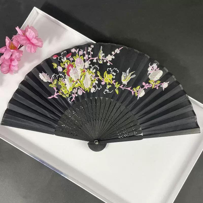 Chinese Style Folding Fan for Men, Portable, Retro Style, Classical, Traditional Hanfu, Black and Green, Bamboo Design