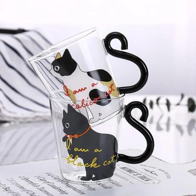 250 мл стеклянная чашка с изображением мультяшного кота, 3D кошачий хвост, термостойкая стеклянная чашка из боросиликатного стекла, бытовая чашка для завтрака, молока, сока, кружка для кофе