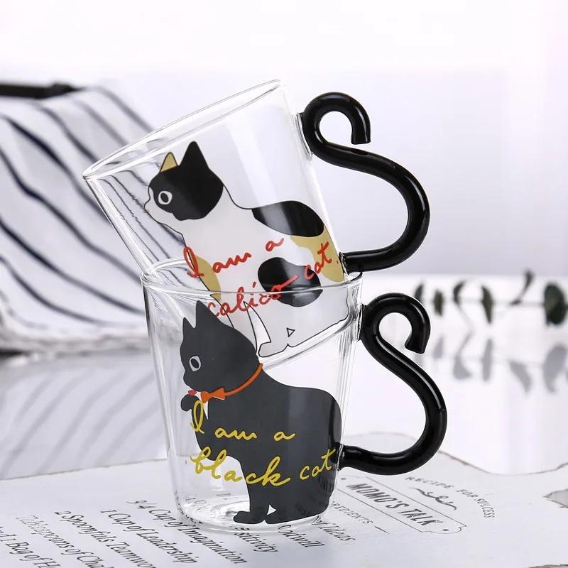 250 мл стеклянная чашка с изображением мультяшного кота, 3D кошачий хвост, термостойкая стеклянная чашка из боросиликатного стекла, бытовая чашка для завтрака, молока, сока, кружка для кофе