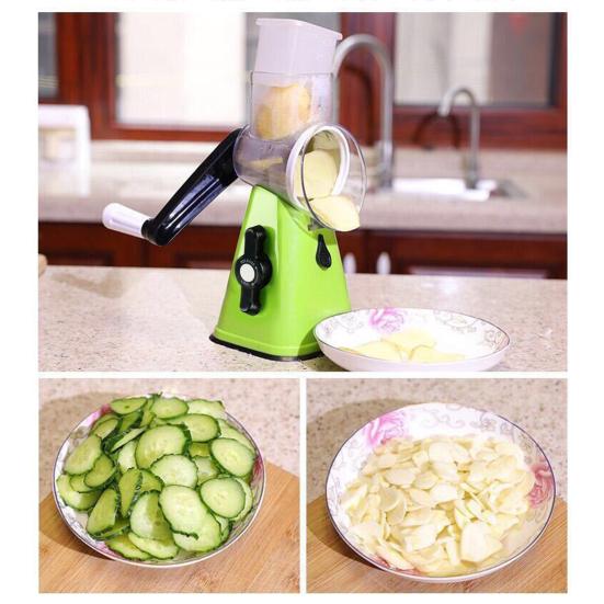 Kitchen Vegetable Slicer with 3 Replaceable Stainless Steel Blades Manual Rotary Cheese Grater with Handle Multifunctional Vegetable Chopper