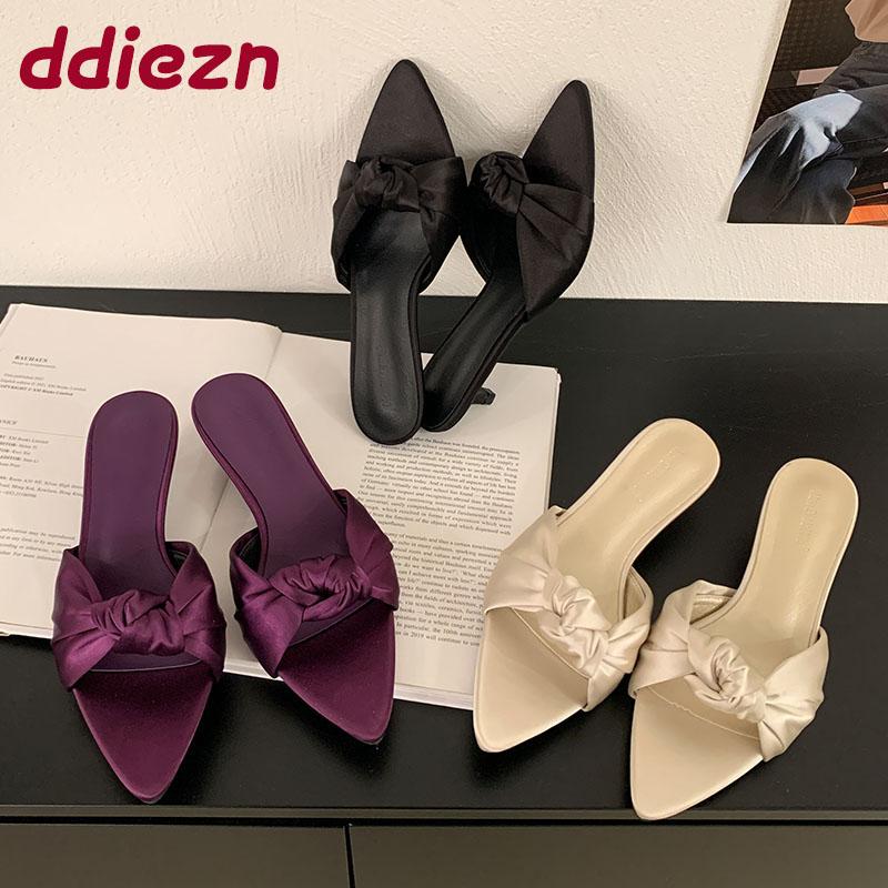 Fashion Fashion Pointed Toe Women Low Heel Slippers Summer Female Slides Sandals Butterfly-Knot Ladies Heeled Slippers Shoes Pumps