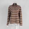 Womens Long Sleeve Striped Polo T Shirt Loose Vintage Casual Top