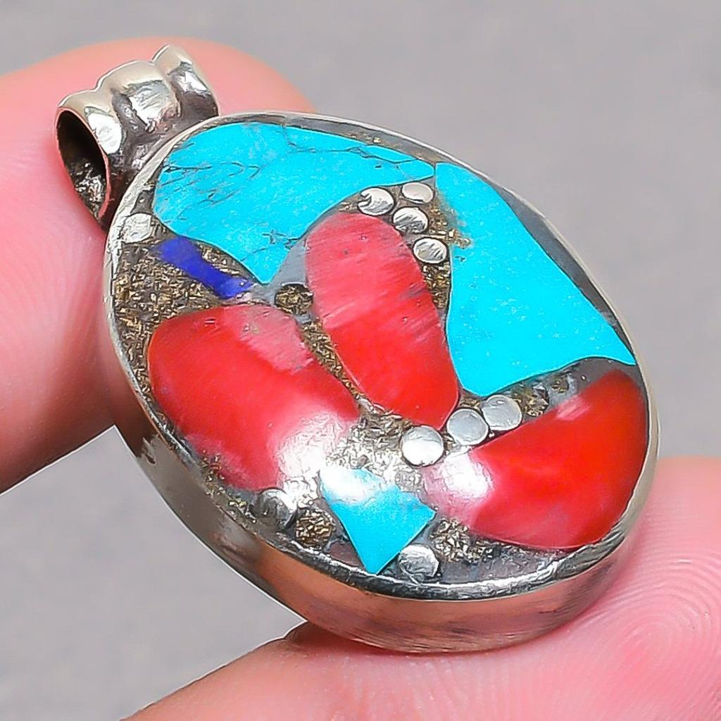 Vintage Tibetan Nepali Pendant 1.6" Natural Coral Turquoise Buddhist Gift NP 258