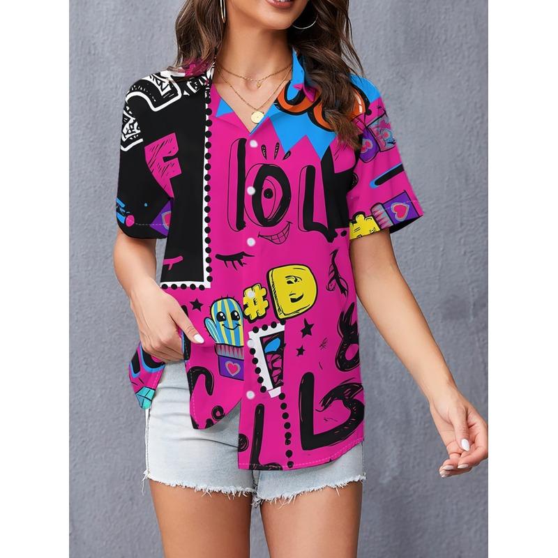 Women's Casual Short-Sleeve Button-Up Shirt with Cartoon Designs Pink Background Trendy Playful Style Machine-Washable Top