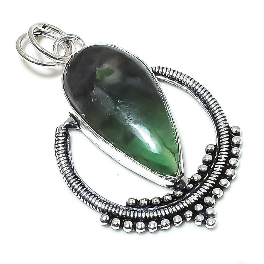 Green Fluorite Gemstone Handmade 925 Sterling Silver Jewelry Pendant 2.29" SU-6906