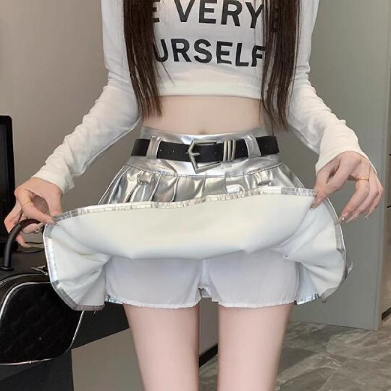 Юбка-короткая юбка Sweet Girl из искусственной кожи с плиссировкой и пышным узором, женская, Y2K, с высокой талией, А-силуэта, серебристые мини-юбки