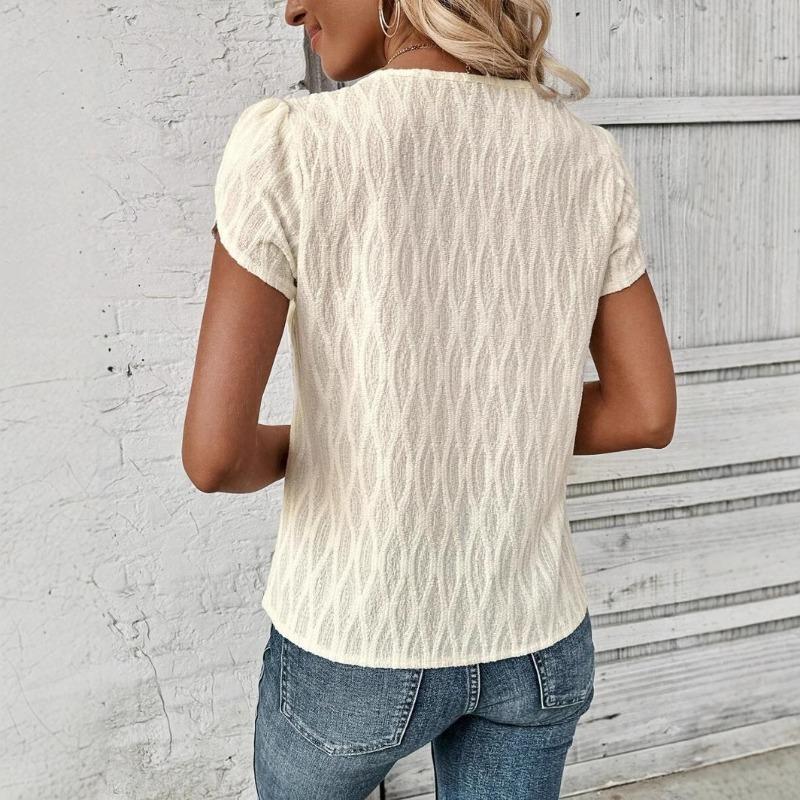 Летняя Элегантная Блузка с Короткими Рукавами-Лепестками, Женский Сладкий Топ на Диагональном Воротнике, Новая Однотонная, Свободная, Повседневная, Простая Рубашка, Плиссированная Женская Одежда