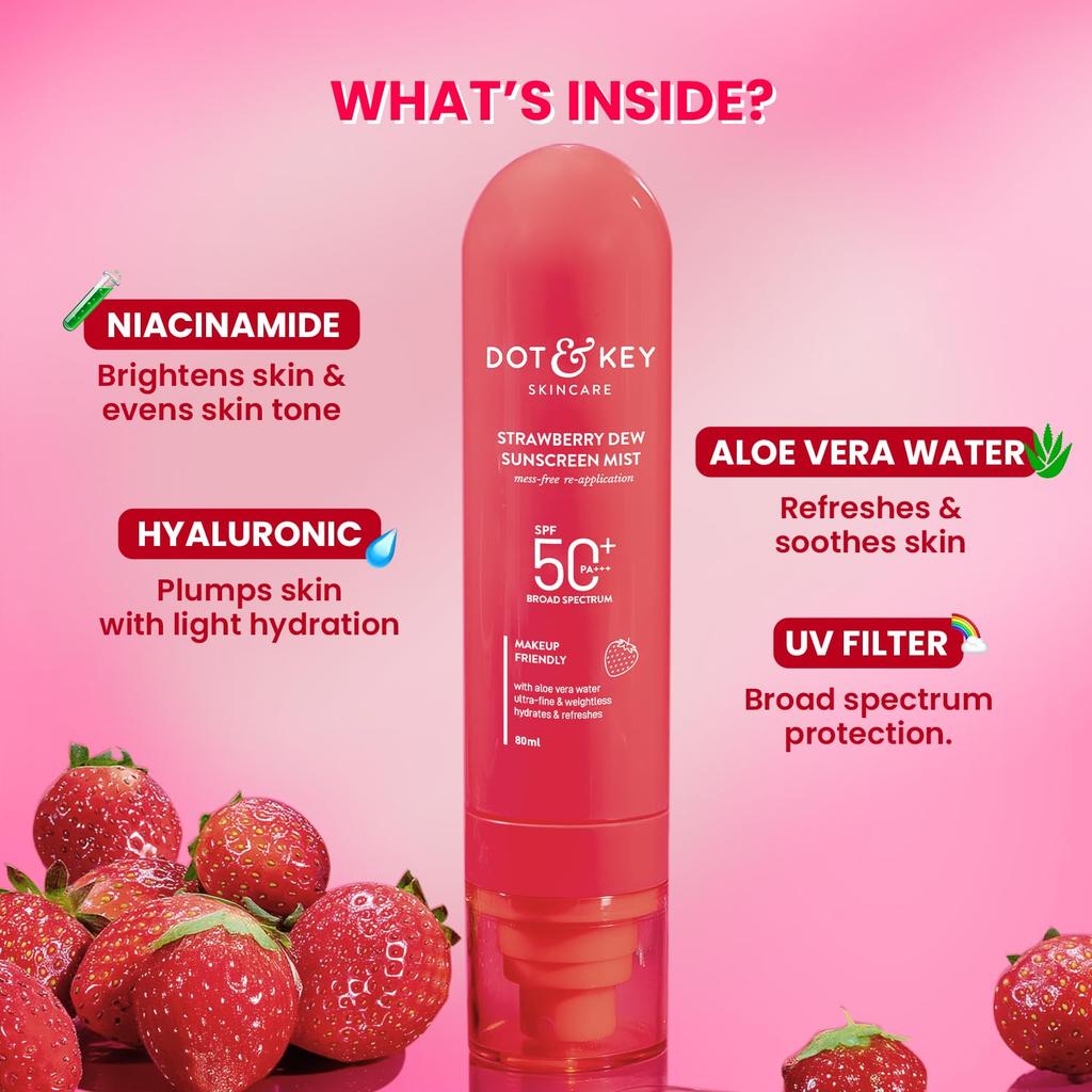 Dot & Key Strawberry Niacinamide Sunscreen Mist SPF 50+ PA+++ Lightweight Makeup Friendly Hydrating Spray 80 ml
