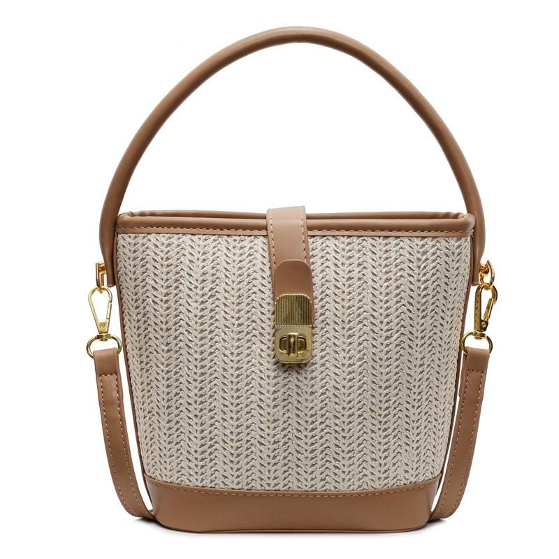Korean Ins Casual Straw PU Hand-carried Bucket Bag Women's 2025 New Fashion Versatile Commuter Temperament Messenger Bag