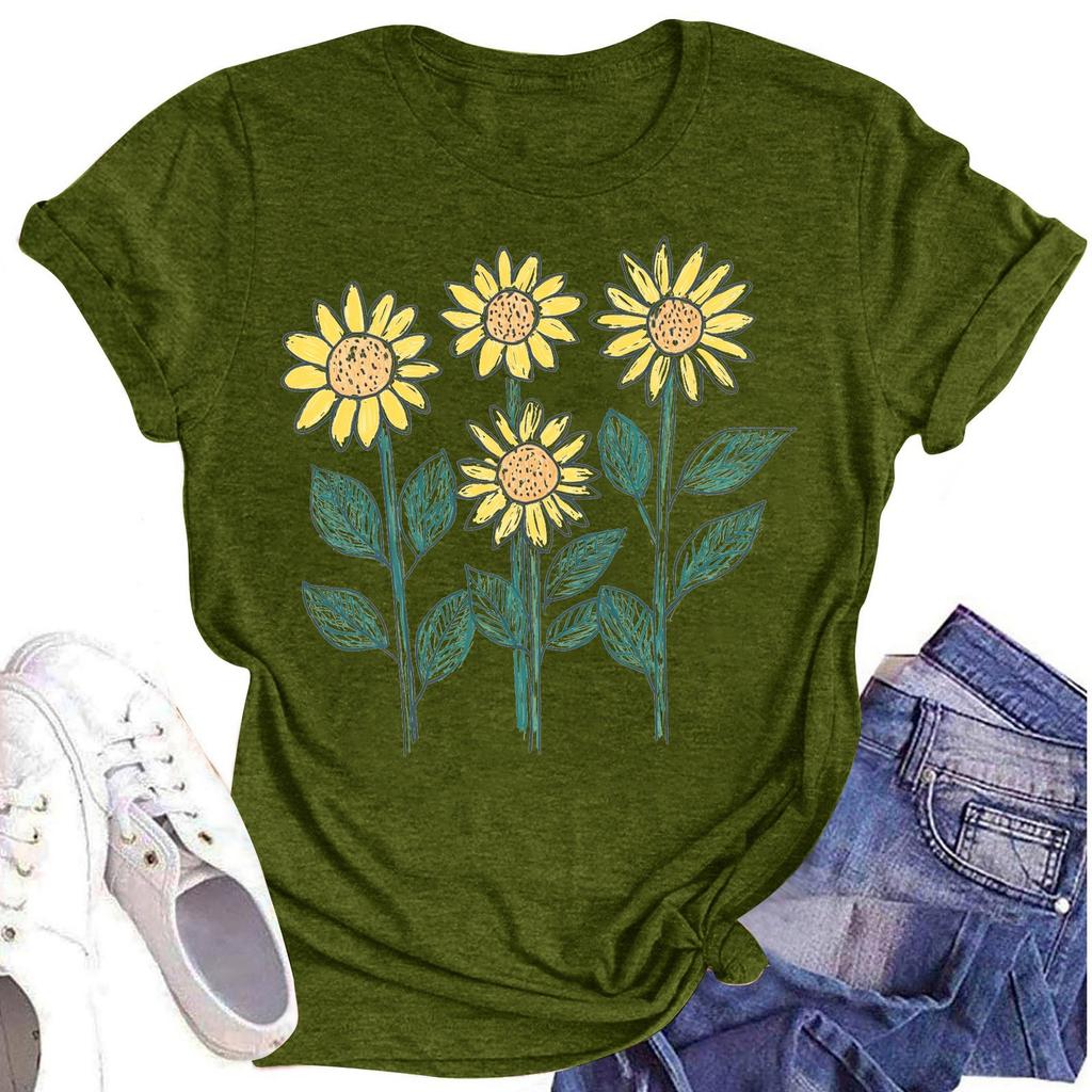 Женская повседневная футболка с круглым вырезом и цветочным принтом, короткий рукав