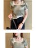 2025 Summer Women's Slim Fit Short Sleeve Striped Ice Silk Knit Top with Square Neck