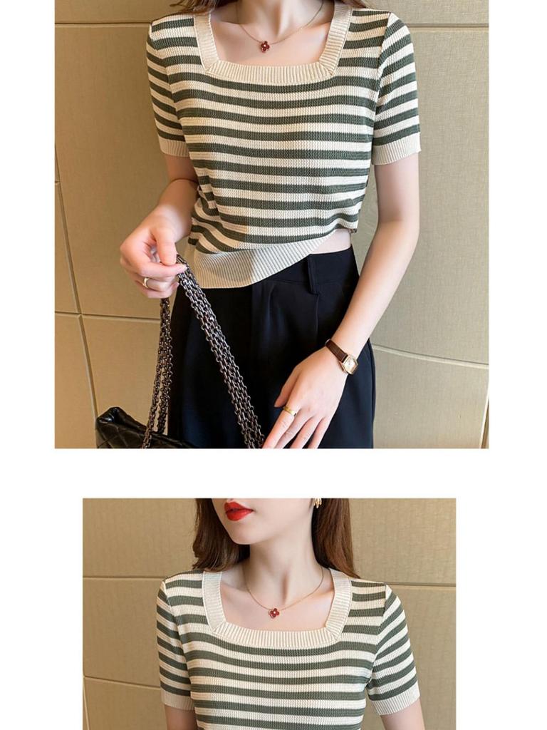 2025 Summer Women's Slim Fit Short Sleeve Striped Ice Silk Knit Top with Square Neck
