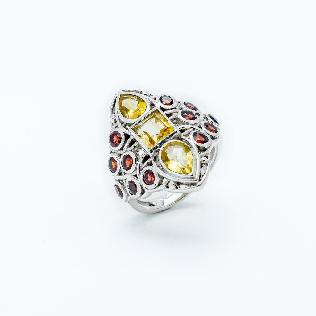 Garnet and Citrine Statement Ring: Solid Sterling Silver