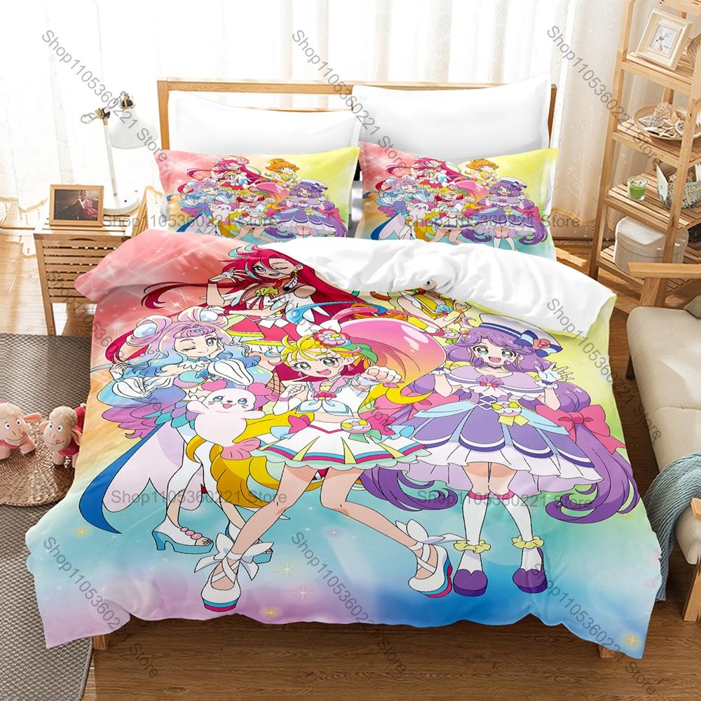 Pretty Cure Duvet Cover + 2 Pillowcases, Cute Magical Girl Anime Print Bedding Set Soft Fabric for Kids & Fans Bedroom Decor