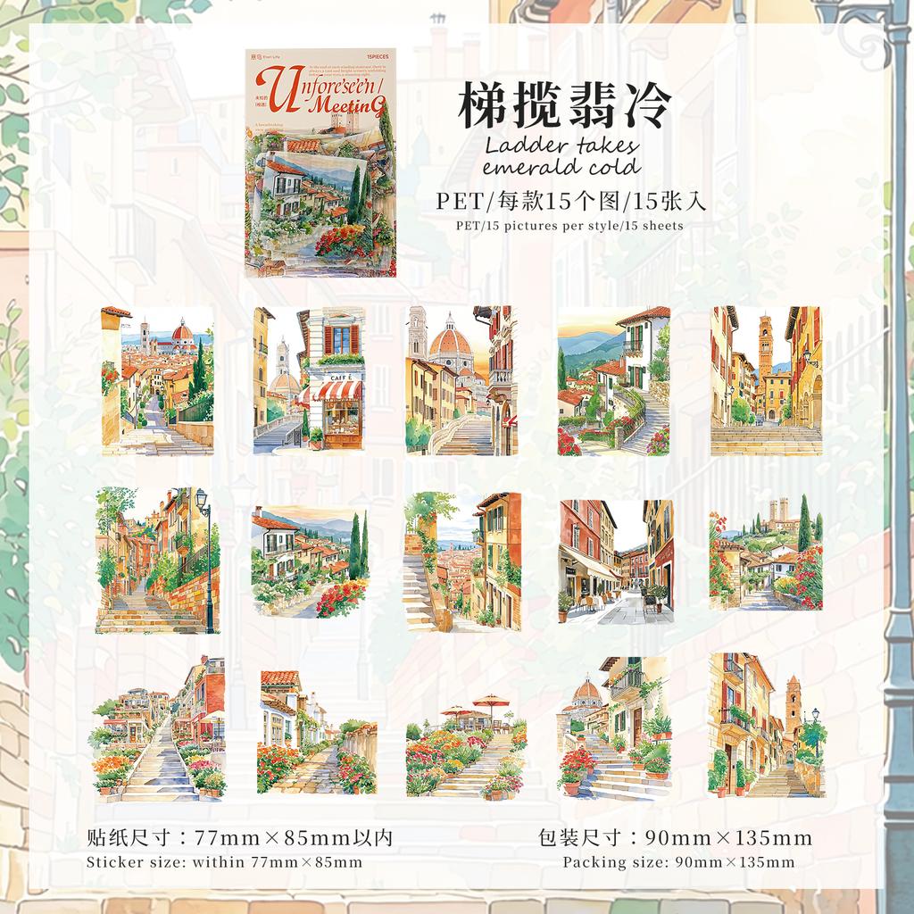 JIAMEI 15pcs Unknown Encounter Series Ins Town Street View PET Stickers DIY Diary Album Scrapbook Aesthetic Stationery Stickers