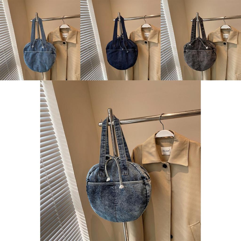 Bow Round Shape Denim Bag For Women Streetwear Fashion Large Capacity Casual Purse