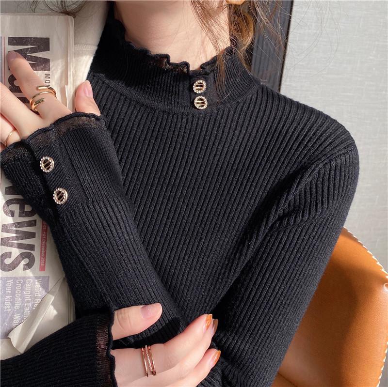 Кружевная рубашка для женской осенне-зимней домашней одежды, свитер с высоким воротом, белый трикотажный топ