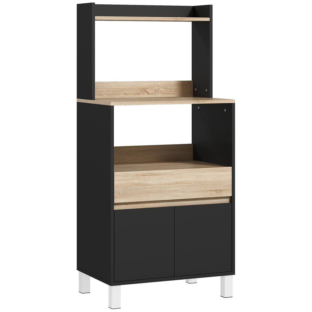 Microwave Cabinet, Kitchen Sideboard, Cupboard, Drawer, Top Shelf, 60 x 40 x 131 cm, Oak and Black