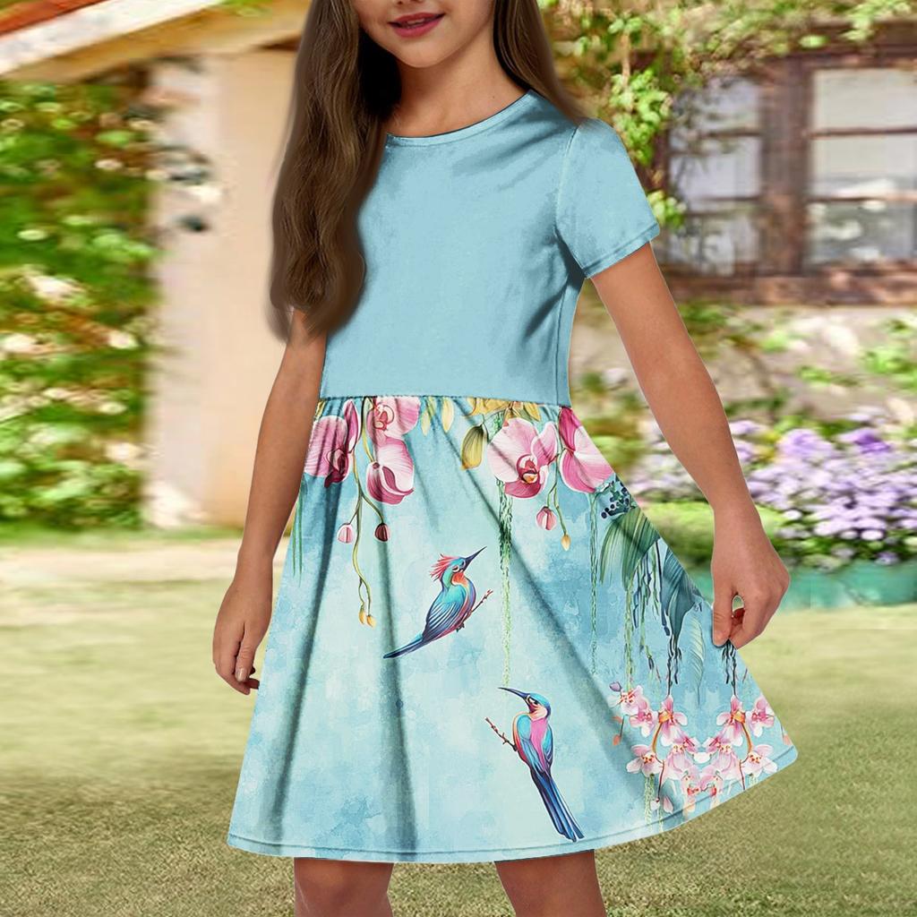 Летнее платье для девочек, однотонное платье без рукавов с принтом и карманом, повседневное платье, вечернее платье с короткими рукавами