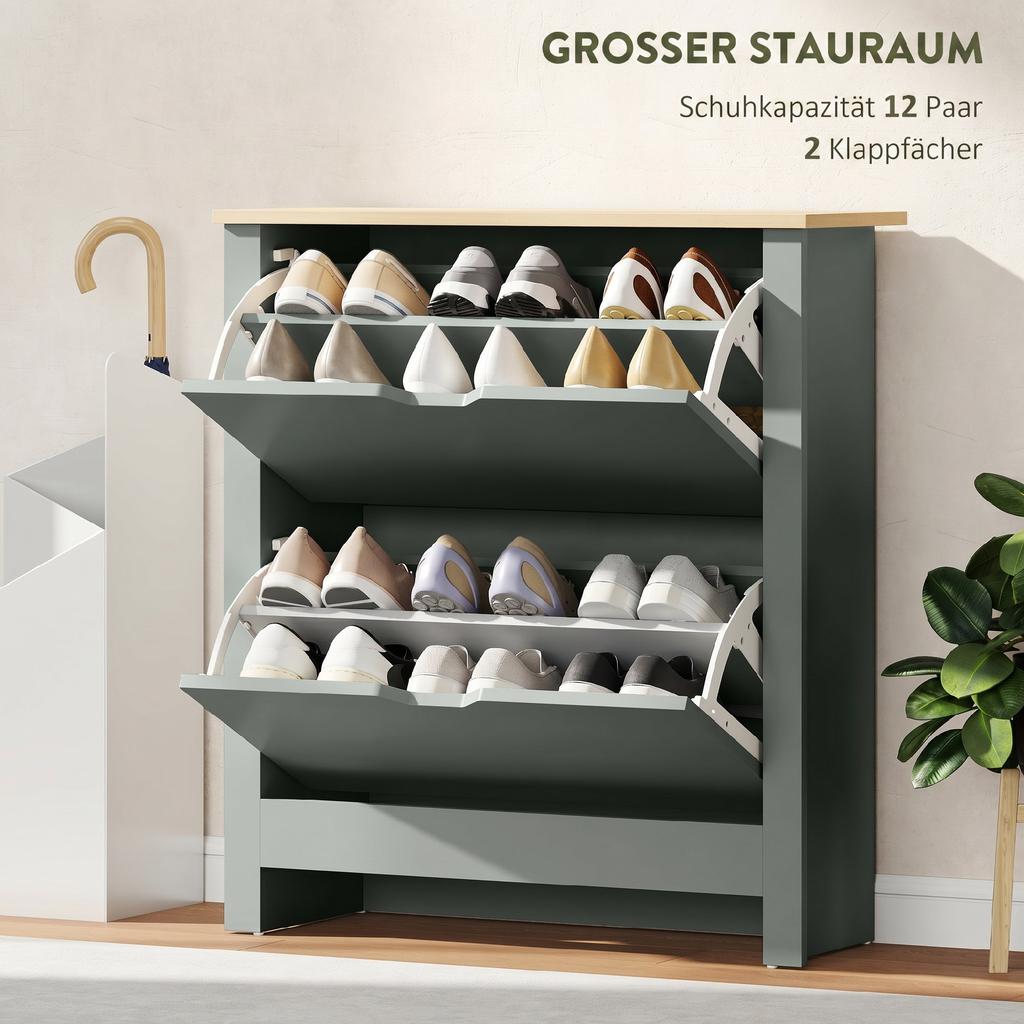 Shoe Cabinet with 2 Flip-Down Compartments, Adjustable Divider for 8-12 Pairs of Shoes, 72 x 26 x 80 cm, Light Grey