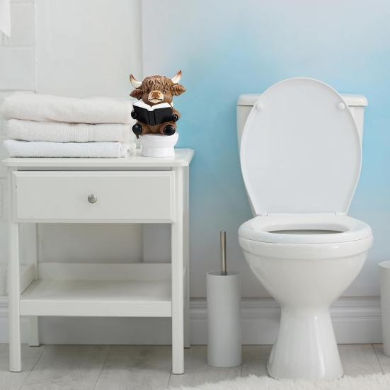 3Pcs Bathroom Highland Cow Figurine Bathing Reading Book Toilet Paper Highland Cattle Resin Statue Sculpture Decoration Ornament Calf Lovers Gifts