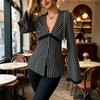Sexy Striped V-neck Shirt For Women In Autumn New Temperament Lace Splicing Long-sleeved Top For Women