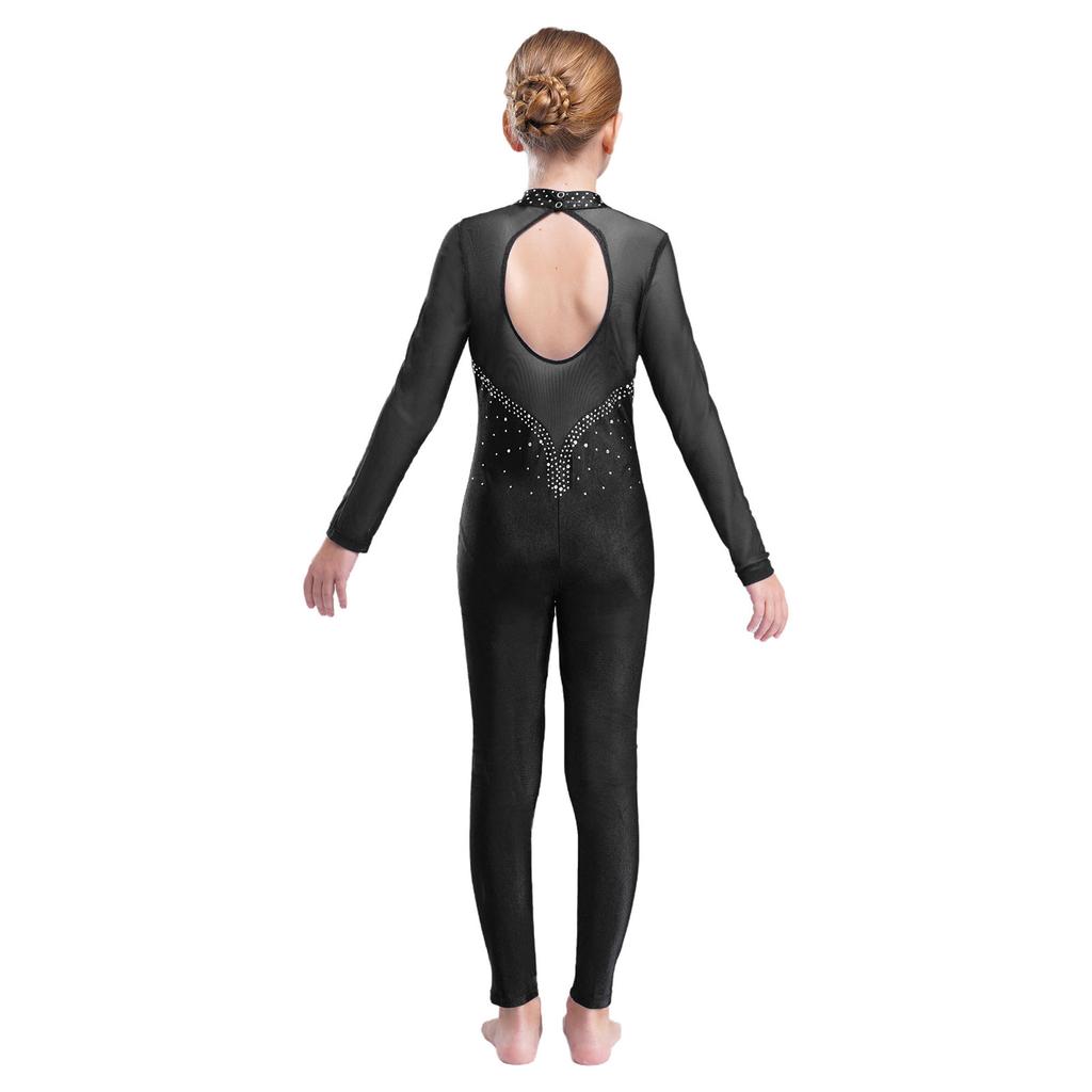 Детский комбинезон для катания на коньках со стразами, длинный рукав, круглый вырез, открытая спина, одежда для выступлений