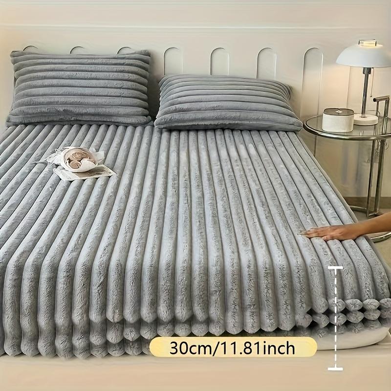 Autumn Winter Flannel Fitted Sheet, Ultra-Soft Thermal Brushed Fabric, Solid & Striped Deep-Pocket, Non-Pill Warm Breathable Bedding