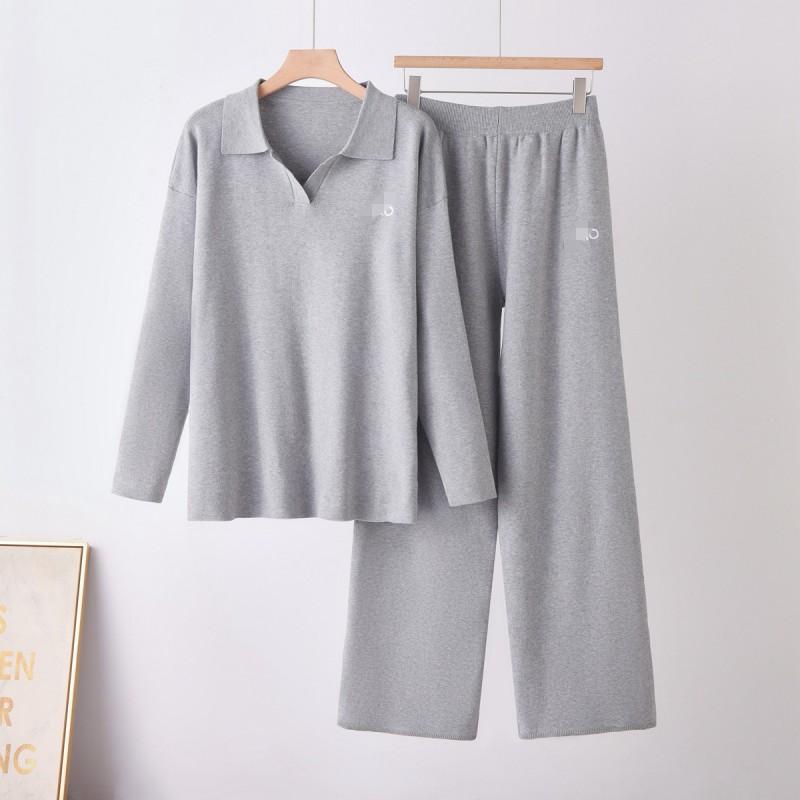 Womens Knit Set With Embroidered Collar Long Sleeve Top Wide Leg Pants Casual Outfit Fall Winter 2026