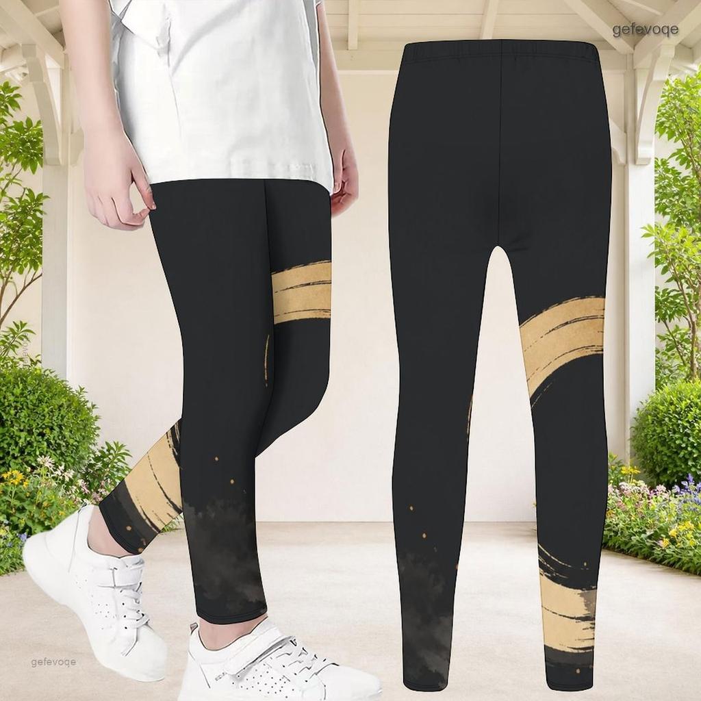 Girls Full Length Black Gold Printed Stretchy Fitted Yoga Leggings