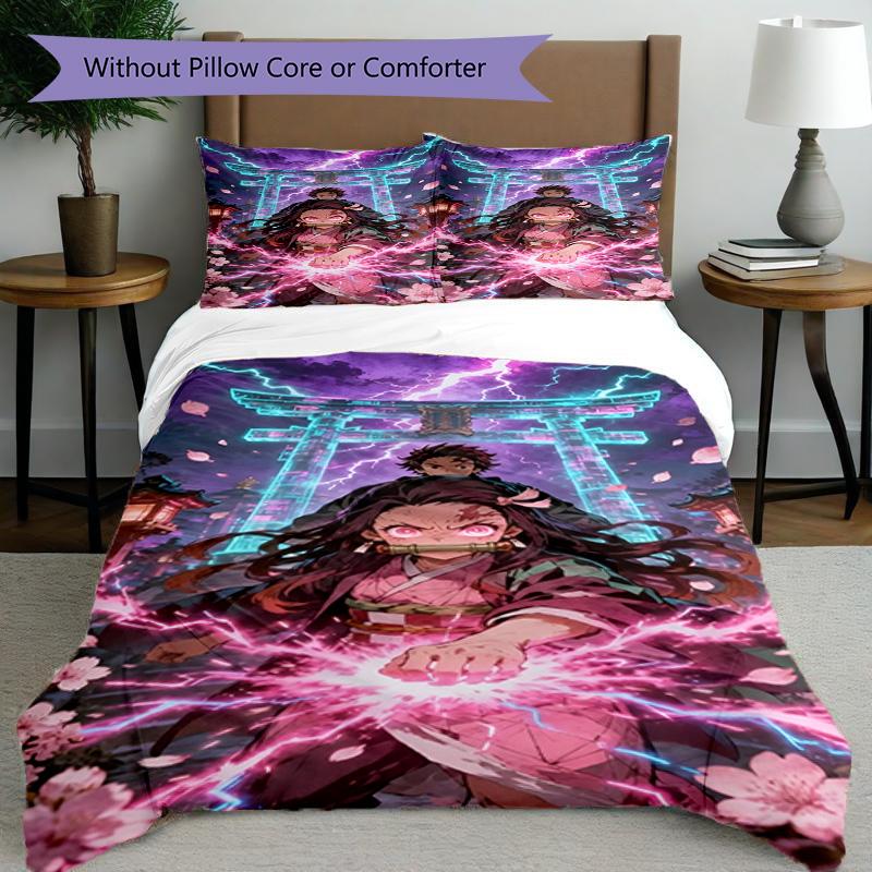 3pcs Duvet Cover Set (1*Duvet Cover + 2*Pillowcase, Without Core), Demon Slayer Print Bedding Set, Bedroom Decor, All‑Season, Birthday Gift