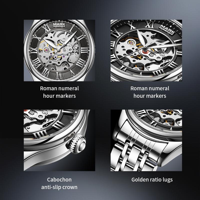MARK FAIRWHALE Automatic Mechanical Watch for Men FW-6054 Roman Numeral Dial Metal Band Business Dress Male Watch