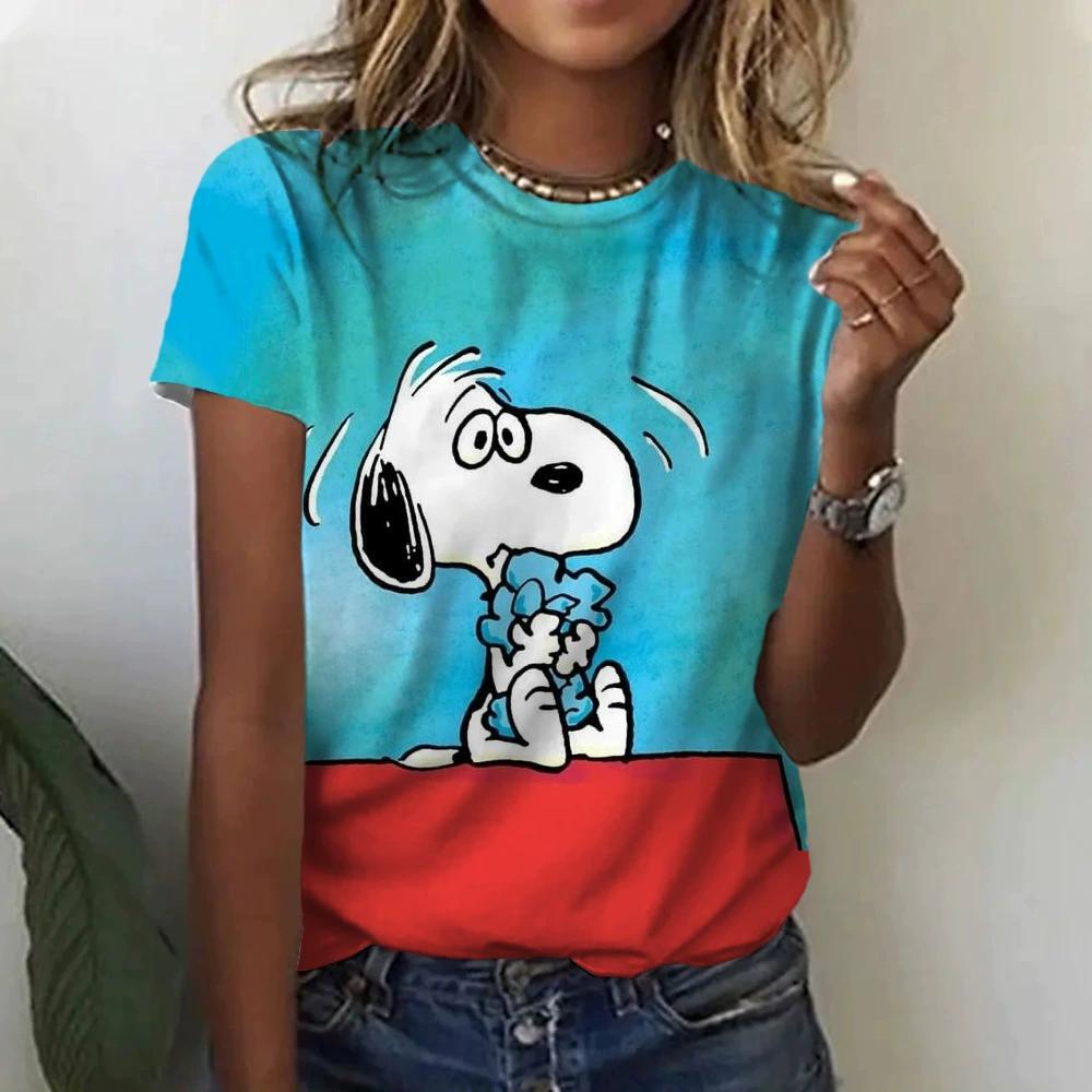 Женская футболка 2026 с рисунком Snoopy, 3D цифровая печать, женская мода, короткий рукав, повседневная, для женщин