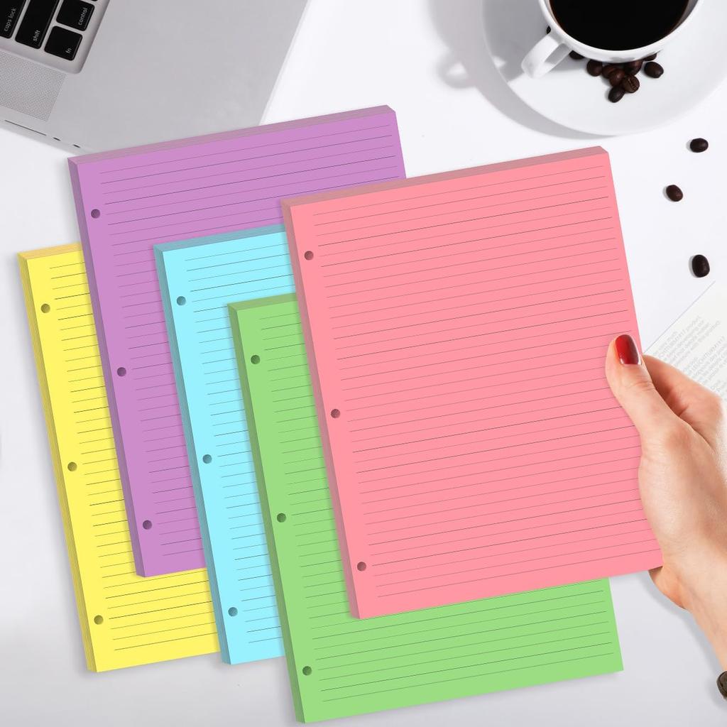 3 Hole Colorful Lined Paper - 100 Sheets/200 Pages Loose Leaf Paper Line Refills, Per Color 20 Sheets, 8.5" x 11"