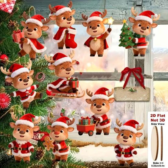 Winter Holiday Tree Decorations Christmas Elk Ornaments, 2D Flat Wooden Cute Reindeer Hanging Decoration, Cartoon Rustic Ornaments Deer Pendants with