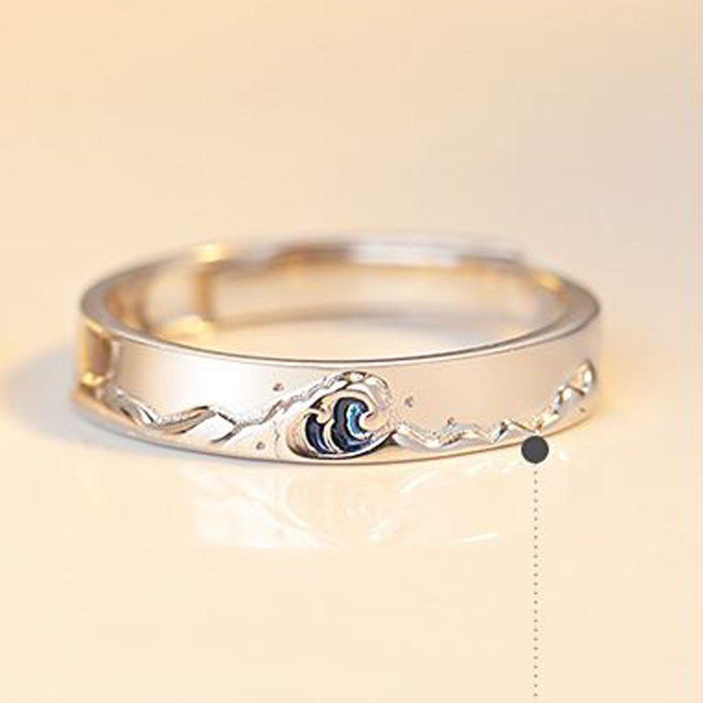 Weddings Valentine's Day Present Couple Rings Adjustable Mountain and Sea S925 Silver Plated