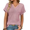 Ladies Summer Short Sleeve V Neck Striped Pullover T Shirt Top