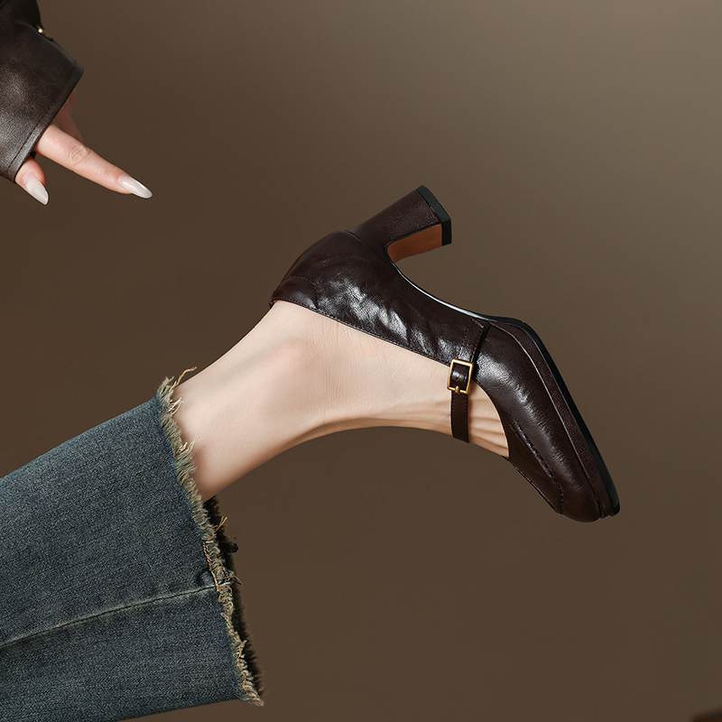 Krazing Pot Овчина Квадратный Носок Размер 40 Высокие Каблуки Металлическая Пряжка Декорация Модные Гладиаторы Осенние Туфли