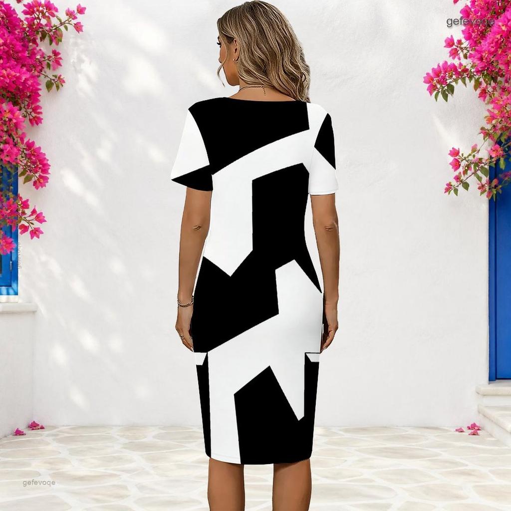 Women Plus Size Round Neck Short Sleeve White Floral Printed Fitted Dress