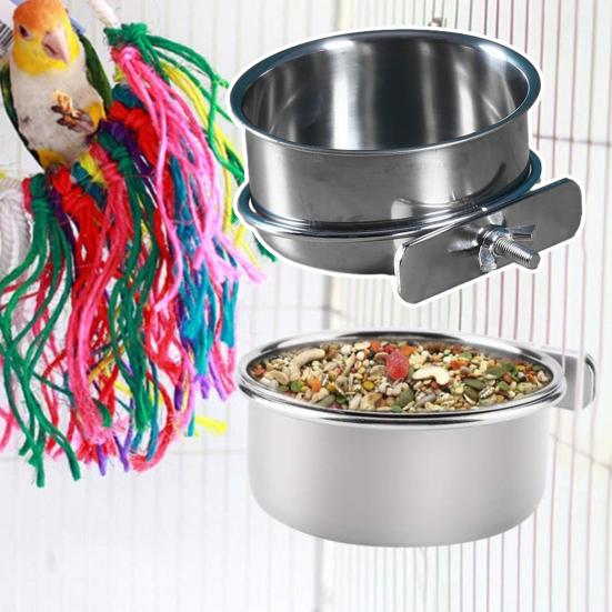 Bird Feeding Bowl Stainless Steel Parrot Feeder Birdcage Feeder Cup with Clamp