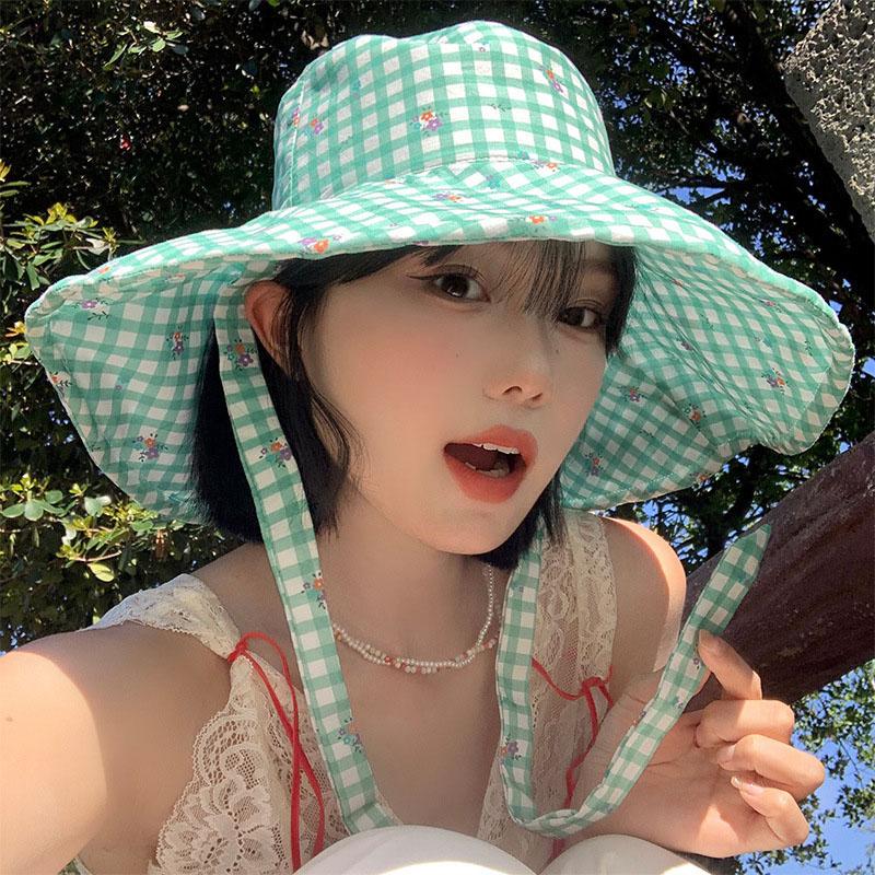 Sweet Korean Plaid Bucket Hat for Women Summer Wide Brim Sunscreen Floral Lace-Up Fisherman Cap Girls Travel Outdoor Hat