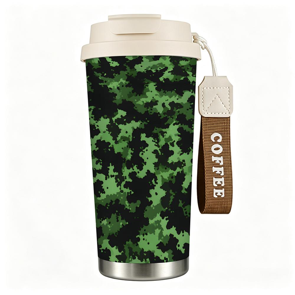 Green Camouflage Pattern Stainless Steel Insulated Coffee Tumbler Vacuum Travel Mug Leakproof Cup for Outdoor Camping Hiking