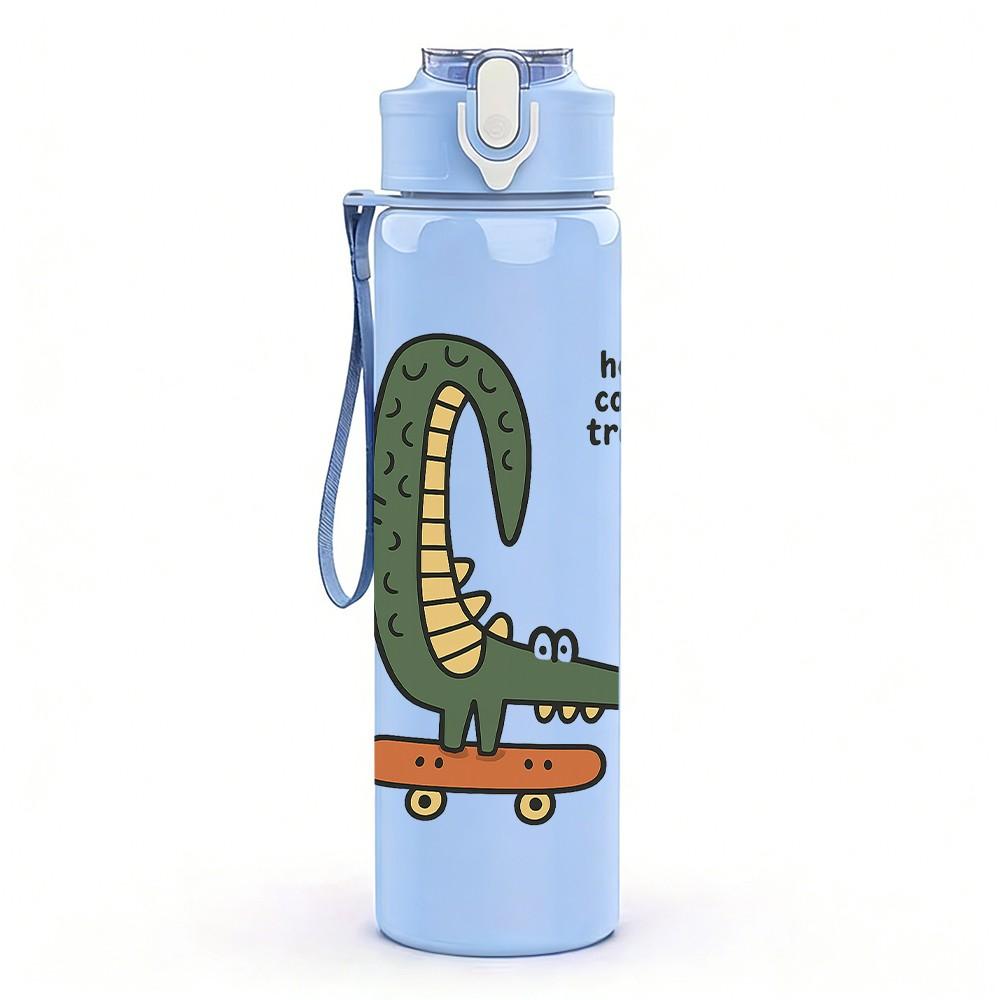 1PC Skateboarding Crocodile Art 750ml Color Plastic Sports Water Bottle Leakproof Flip Straw Lid Suitable for Sports Office Home Use
