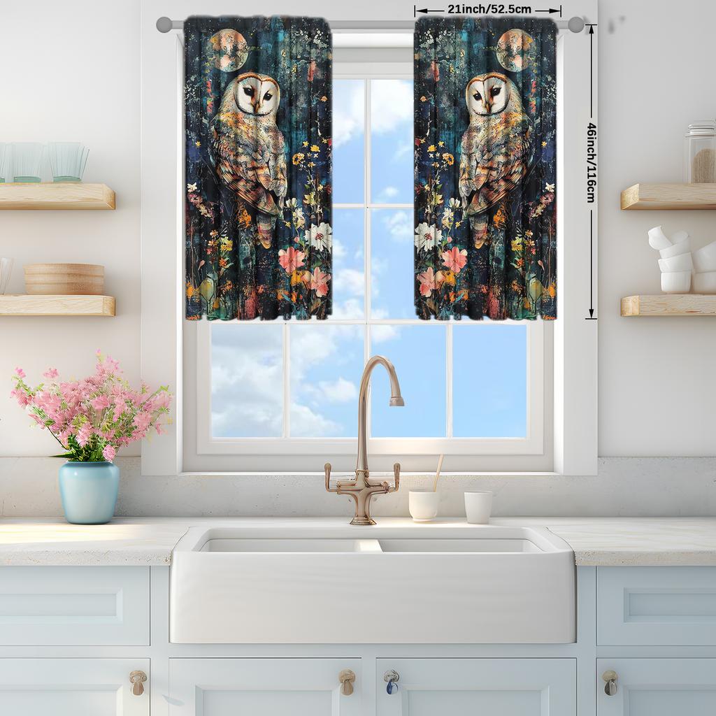 2pcs Retro Owl Oil Painting Printed Curtain for Home Decor - Rod Pocket Window Treatment for Bedroom, Office, Kitchen
