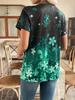 Plus Size Women's Black V Neck Short Sleeve Top with Green Floral & Star Print Casual Loose Fit Summer T-Shirt