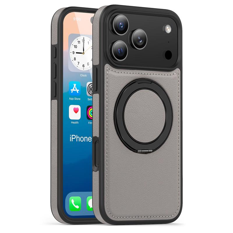 Кожаный чехол для телефона Magsafe iPhone 17 Air 16E 16 15 14 Plus 13 12 Pro Max Магнитный Поворотный на 360° Металлический держатель Подставка Задняя крышка