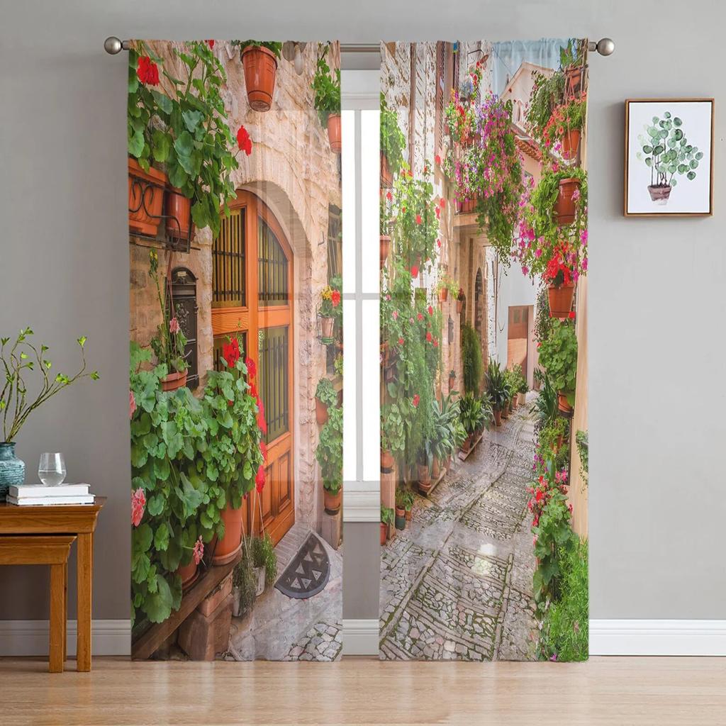 Italian Town Street Sheer Curtains for Living Room Transparent Tulle Window Treatments Bedroom Kitchen Home Decor Veil Drapes