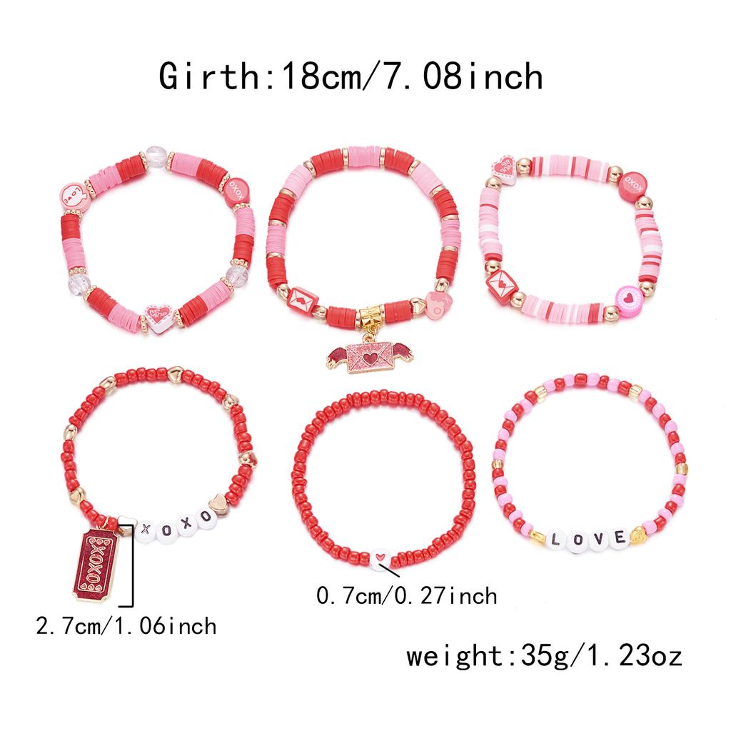 Fashion 6pcs/set Y2K Pink Beads Polymer Clay Bracelets Set for Women Girls LOVE Heart Pendant Gifts for Lovers Jewelry