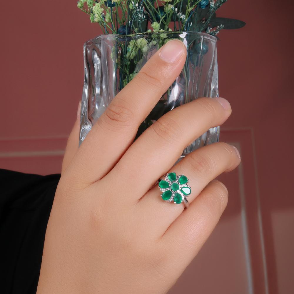 Elegant Natural Green Agate Gemstones Flower Design Ring 925 Sterling Silver Fine Jewelry for Women Valentines Gift