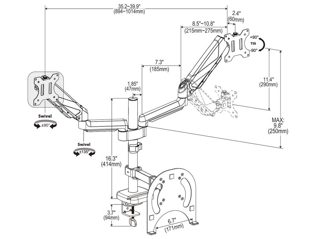 New Triadyn TriMount Desk Mount for Dual Monitors and Laptop Ergonomic Adjustable Swivel TRD-BLK-3AL-13"-32"